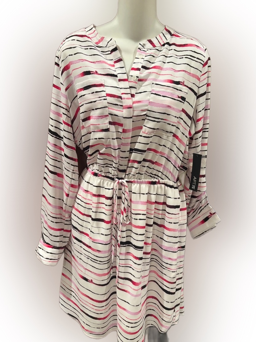 Apt. 9 White Striped Drawstring Shirt Dress with Pink and Black Brushstrokes